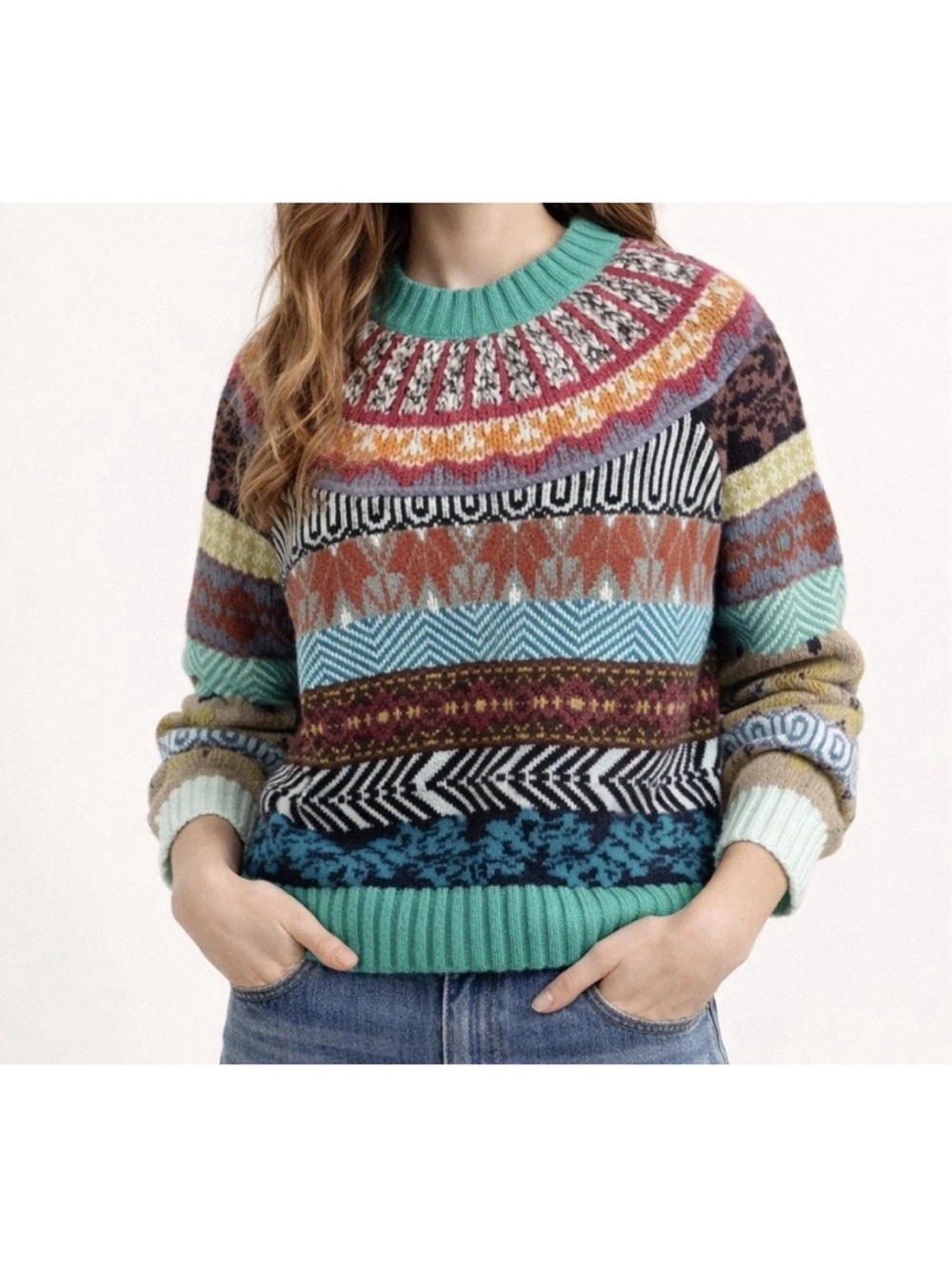 Anthropologie Multicolor Fair Isle Wool Blend Crewneck Sweater Medium Petite